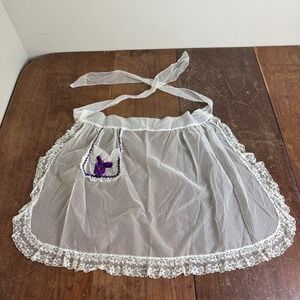 Vintage Sheer White Dotted‎ Half Kitchen Maid Apron Purple Ribbon bow